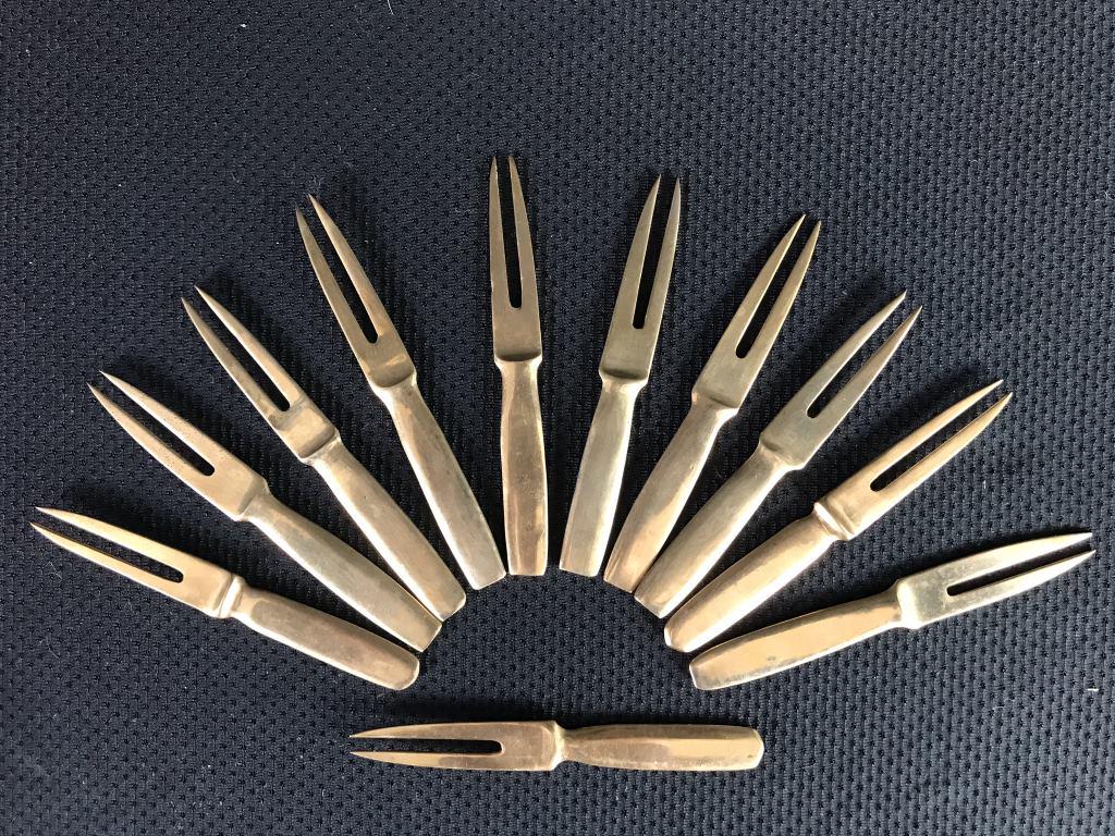 Appetizer Forks or Corn-on-the-Cob (11): 2-prong brass forks 3.75" long.