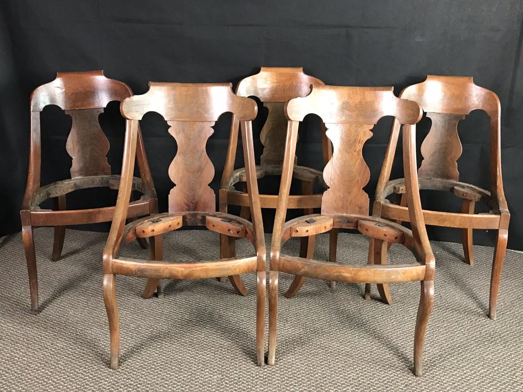 5 Walnut Dining or Side Chairs with Seats: Seats inserts need new fabric. 3 of one shape and 2 with a slightly different shape. 32"h x 19.5"w x 17"d.