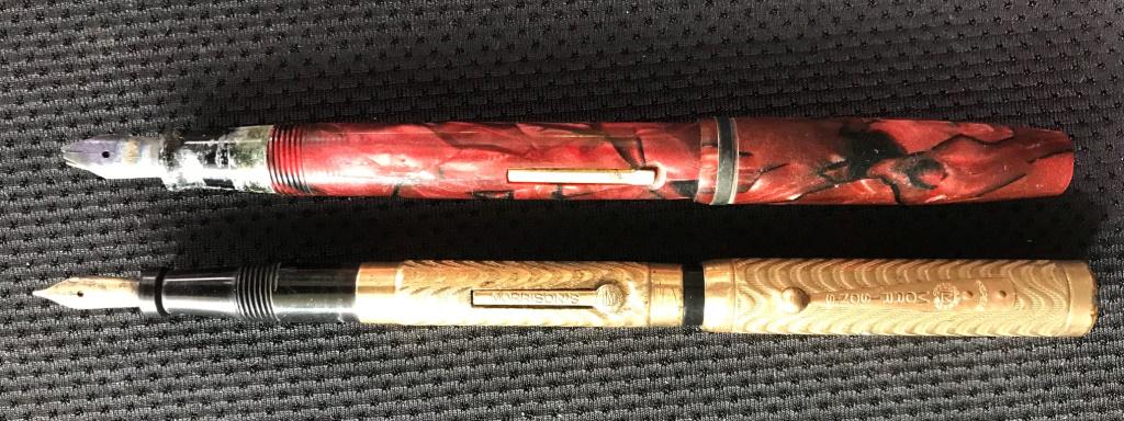 Fountain Pens, Vintage: Marbalized pen of Bakelite or earlier polymer. Morrison's is marked 1/40th 14K Gold.