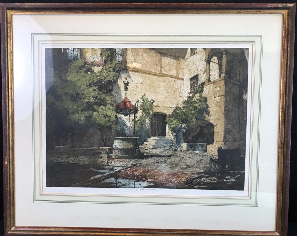 Luigi Kasimir (Austrian 1881-1962): "Courtyard of the Old Castle", Seebenstein, Austria. Original etching. 26h x 31w. Water stain to lower edge of matboard.