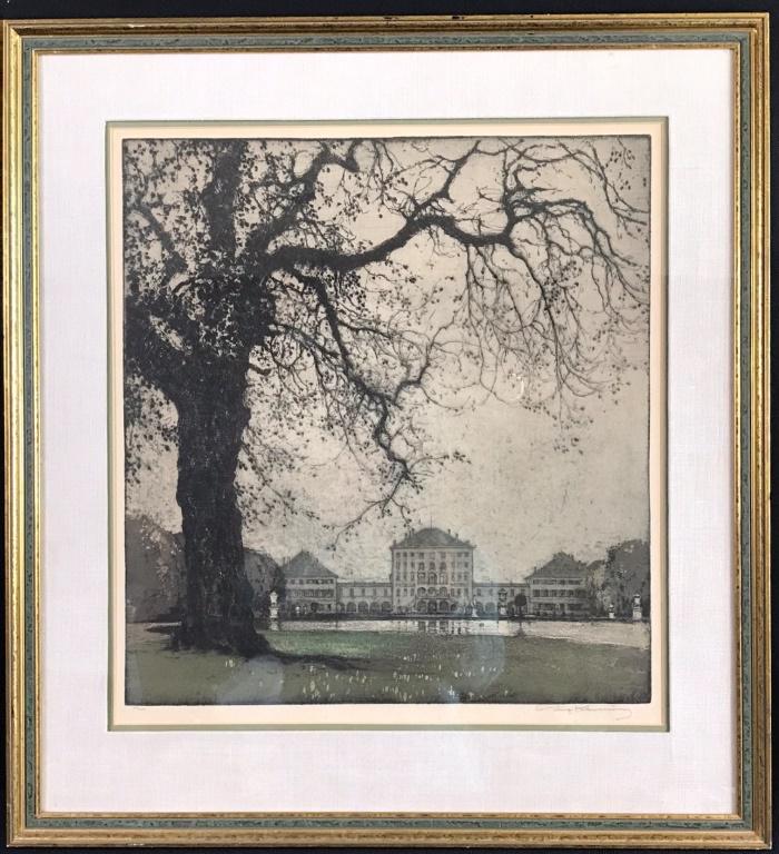 Luigi Kasimir (Austrian 1881-1962): "City Park Quarter Moon". 26"h x 24"w overall. 18.5"h x 17"w inside mat. Original engraving 217/250