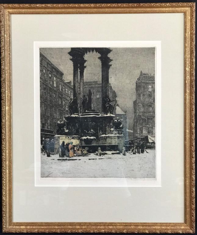 Luigi Kasimir (Austrian 1881-1962): "Vienna Hoher Markt, Wedding Fountain" dated in the plate January 1915. 26"h x 22"w