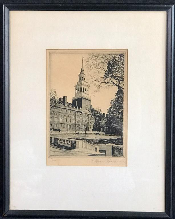 Samuel Donovan Swann (American 1889-1954): "Lowel Hall Harvard" 32/250 Signed "Don Swann" 15"h x 12"w original etching.