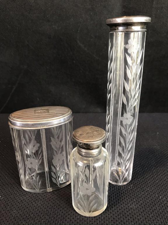 1920's Art Deco Hand Blown Glass Vanity Set: Lids all marked "Sterling." 3.25", 3.5", 6.25" tall.