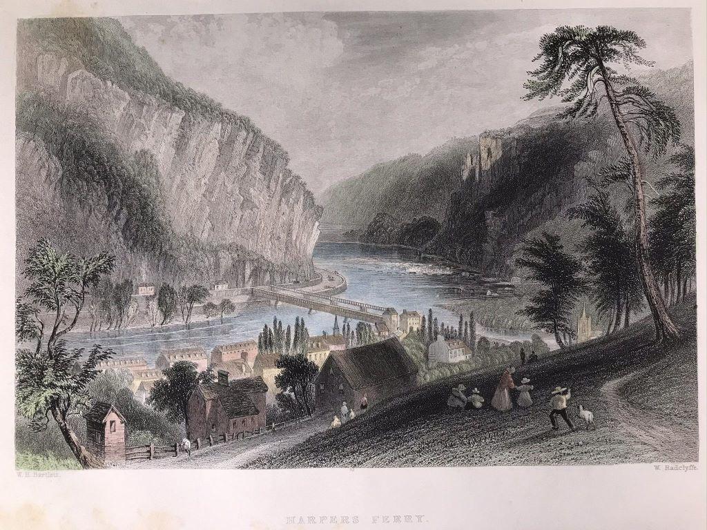 Harpers Ferry (From the Potamac Side): W.H. Bartlett (illus). Engraved by W. Radclyffe. Engraving with modern handcolor, image 4.75h x 7.25w inches. Foxing in upper left corner and bottom left corner.