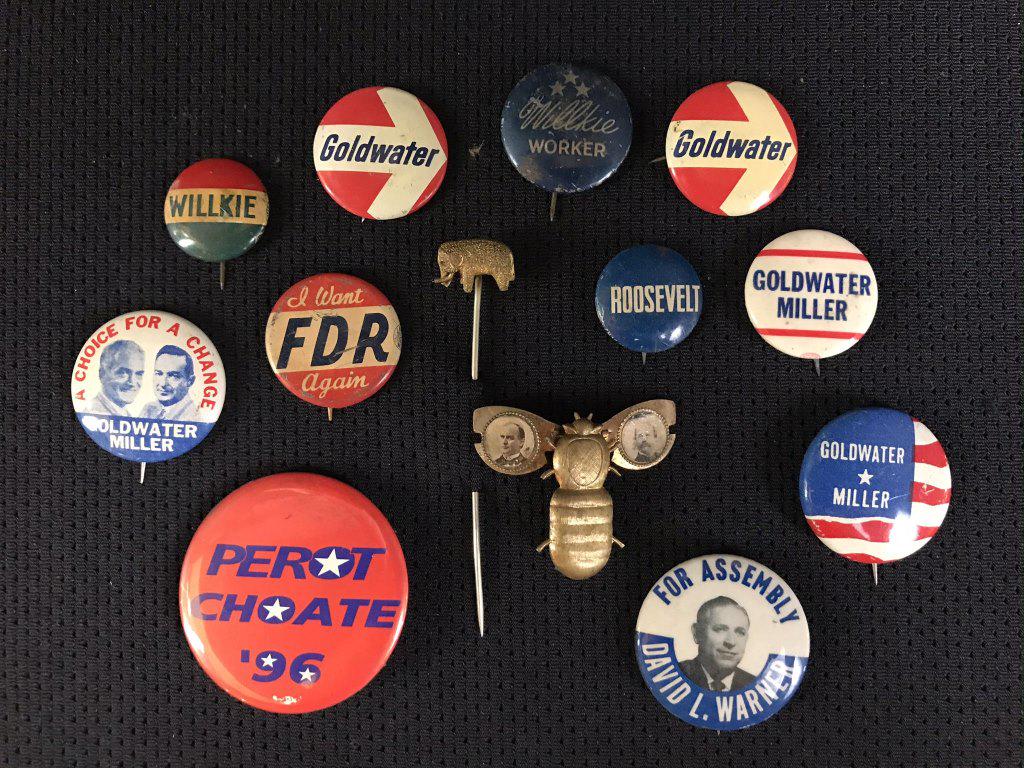 Gold Bug, Elephant & Political Campaign Buttons: McKinnley Gold Bug, Elephant Stick Pin (missing eye), Perot, FD Roosevelt, David Warner Assembly, Goldwater/Miller (3), Goldwater (2)