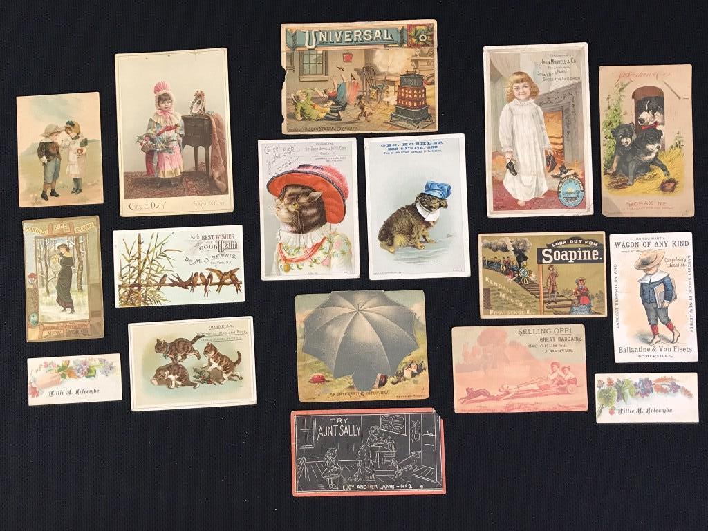 Advertising Cards Late 1800: Eighteen advertising cards: Donnelly Outfitter for Men & Boys, J.S. Larkin & Co. Boraxine, Willie M. Holcombe, Kendall Mfg. Go. Soapine, Dr. Dennis N.Y., Hoover's Phila, Oriental & Occidental Tea Co.,