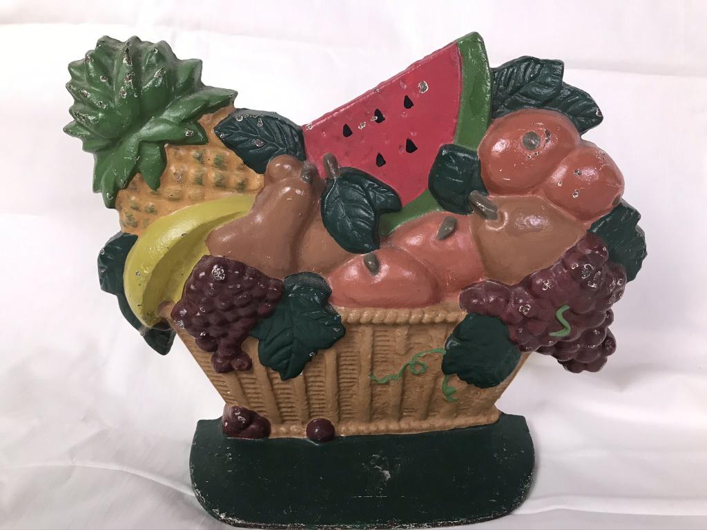 Door Stop Fruit in Basket, Cast Iron: Imprint on back is very faint. 6.5h x 8.5w x 2.5d