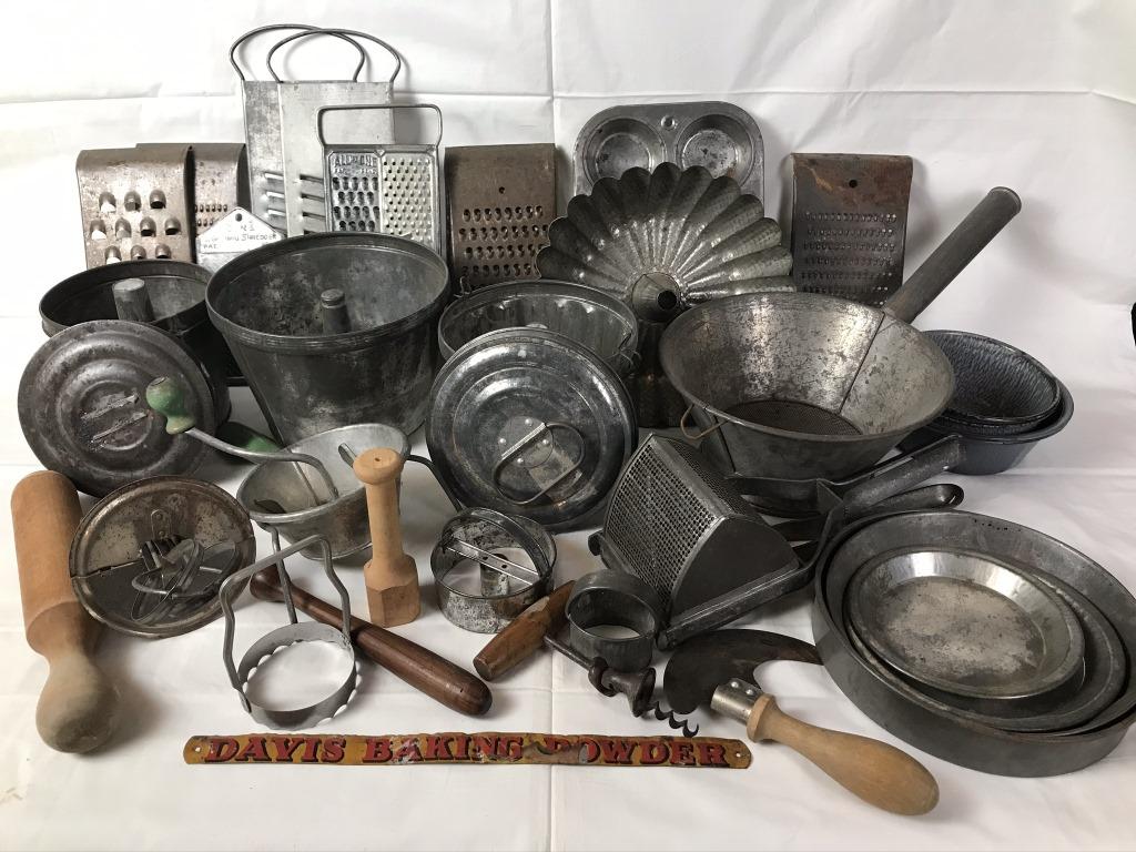 Kitchen Pans, Graters, Gadgets, Vintage: Apx. 35 items. Davis Baking Powder store advertising shelf sign.