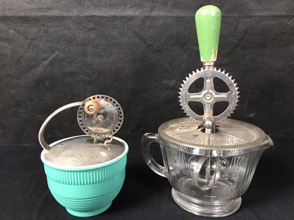 Egg Beaters with Bowls, Vintage: Vintage egg beaters 6h & 10h inches.