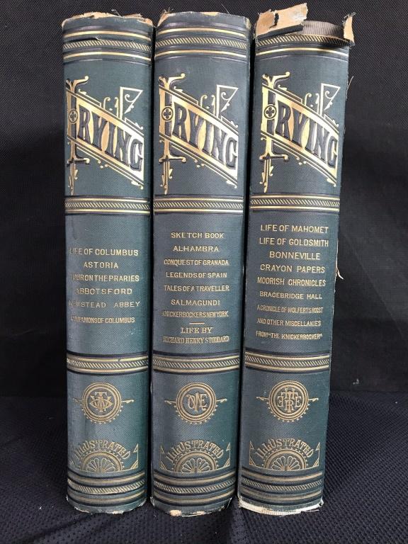 Life & Work of Washington Irving Vol. 1-3 1883: Green Leather covers.