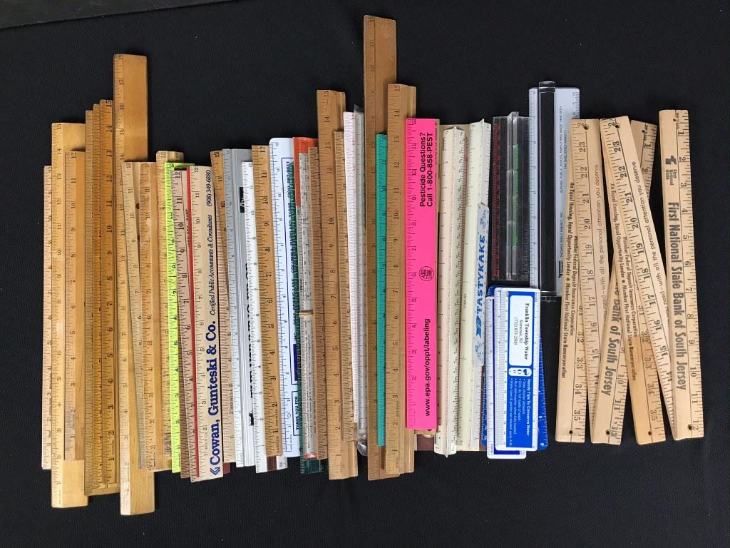 48 Vintage Rulers: Wood, plastic, folding, Lucite etc. 6,12, 15 and 18 inch rulers