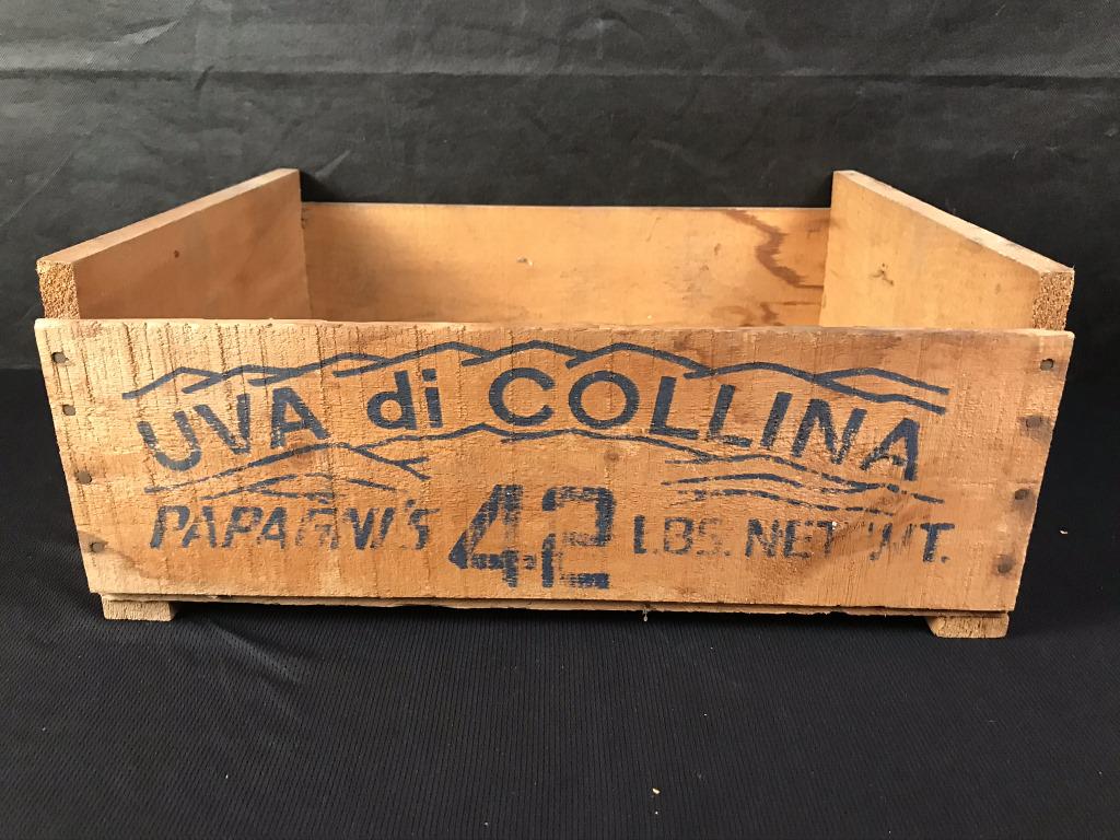 Uva di Collina Wood Crate: Translated to: Grapes of the Hills. 7h x 14.5w x 17.5d inches.