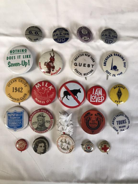 Buttons Lot of 23, Vintage: 1939 NY World Fair, 1942 Ocean Grove Fishing Club, Red Cross, 1941 Truck Drivers,