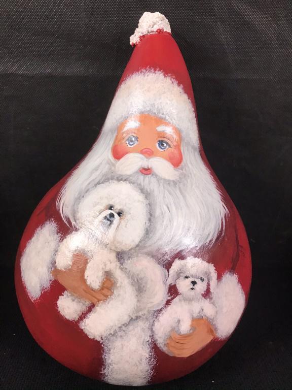 Santa With Poodles, Painted Gourd: 7h x 8w inchs.