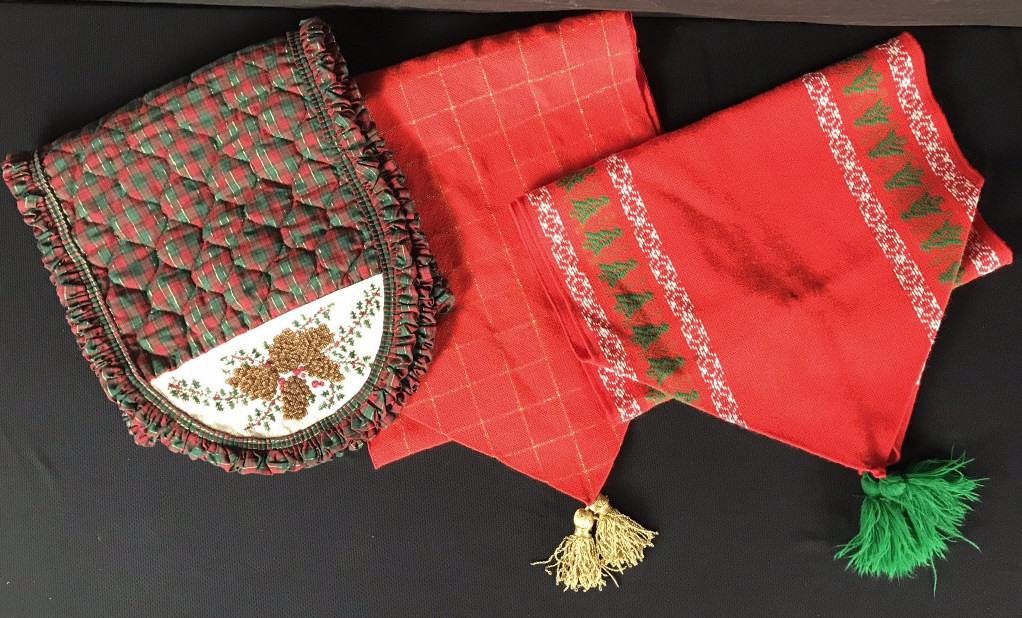 Table Runners (3): Lengths are as follows 48" Green Tassel, 56" plaid, 66" Gold Tassel