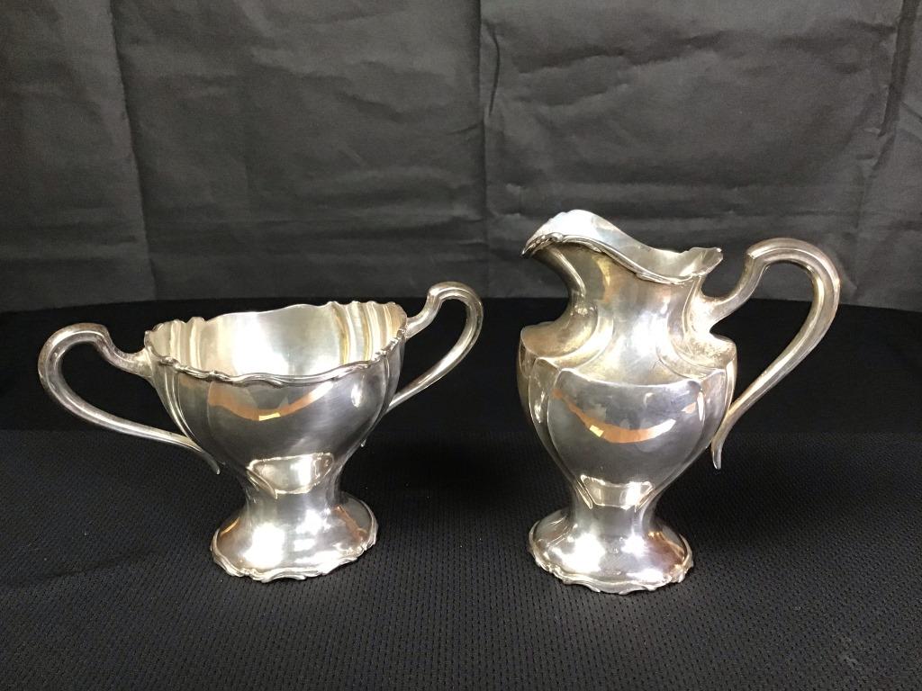 Reed & Barton Sterling Sugar & Creamer: D385 Sugar 4h x 6.5w and Creamer 5.25h x 4.5w inches. 11.89oz.