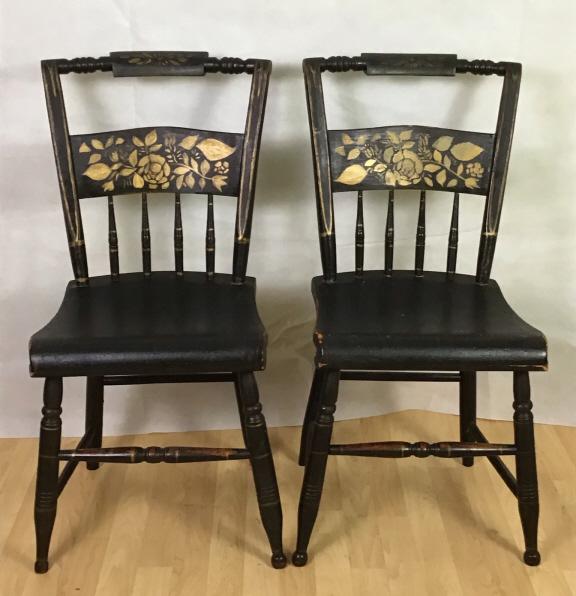Pair Hitchcock Pillow Back Chairs: Black Seat Stencil Chair 33h x 17w x 15d inches. Note: This lot can not be shipped in house. Buyer must arrange shipping for this item or pick up this lot.
