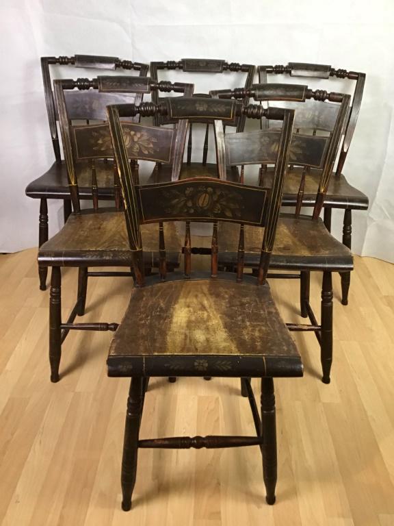 Hitchcock Pillow Back Chairs w/ Plank Seats (6): Original dark brown finish with stencil décor. 33h x 16.5w x 14d. Note: This lot can not be shipped in house. Buyer must arrange shipping for this item or pick up this lot.