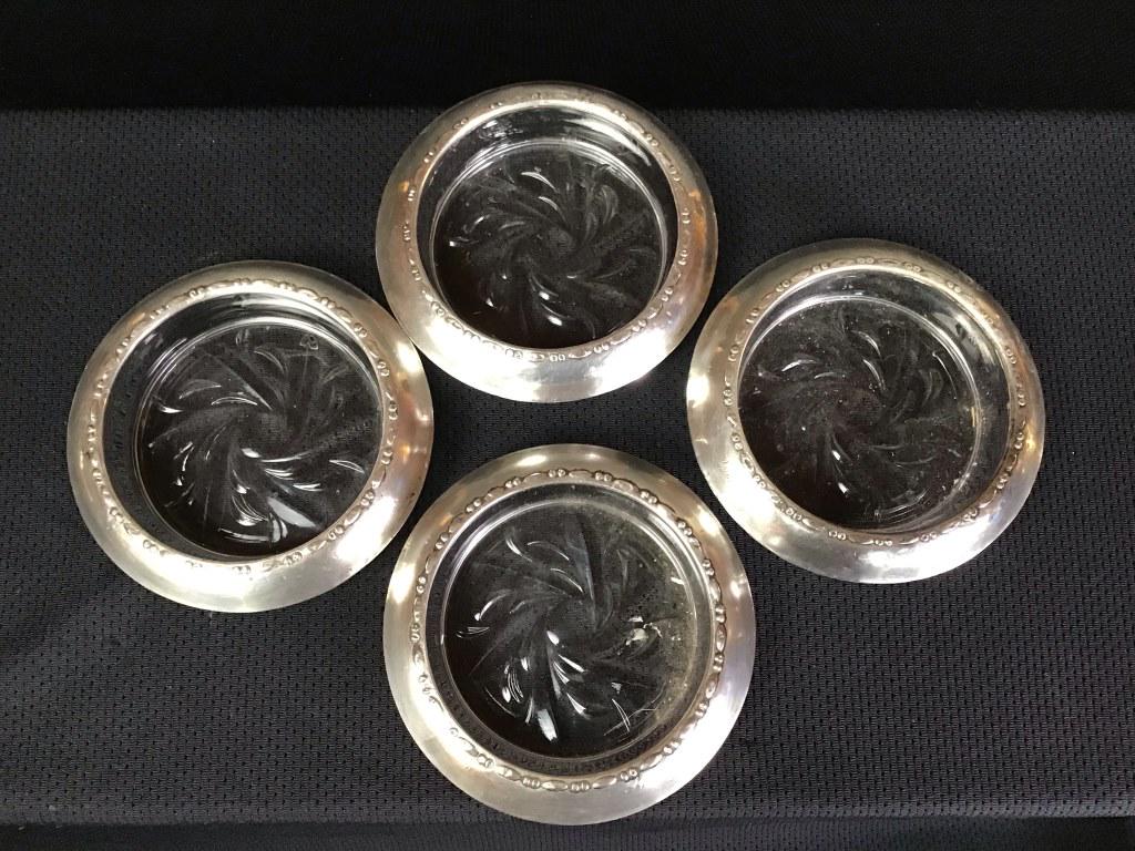 Sterling Topped Glass Coasters: Marked: Amston Sterling 144, 4d inches