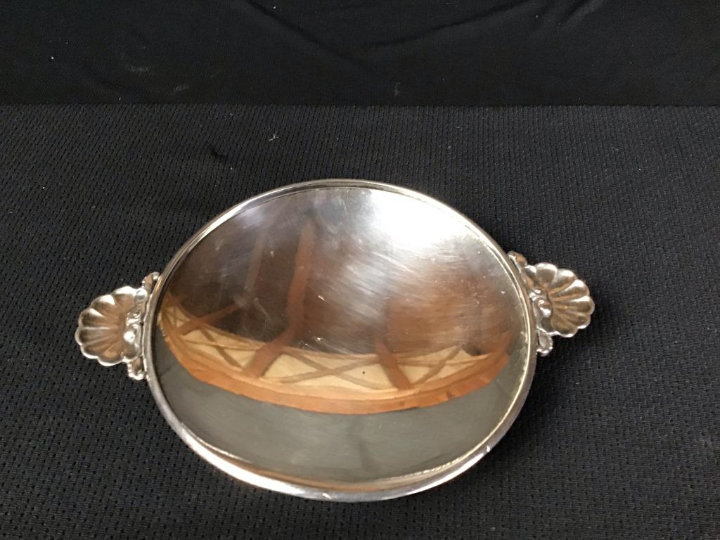 George Jensen Footed Trinket/Candy Dish: With elegant shell shaped handles. Marked: Dessin // Denmark //George Jensen // Sterling (.925) #355 H. 5.11 oz.