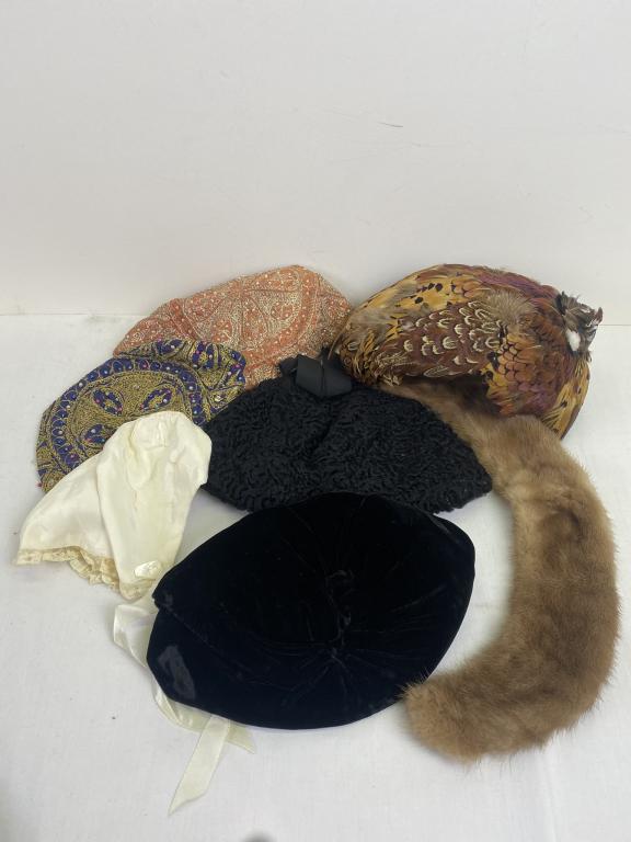 Vintage Hat Lot: Vintage hats of blue velvet, pink with silver thread and faux pearls, blue with gold thread and seed beads, pheasant feathers, baby satin bonnet and mink collar.