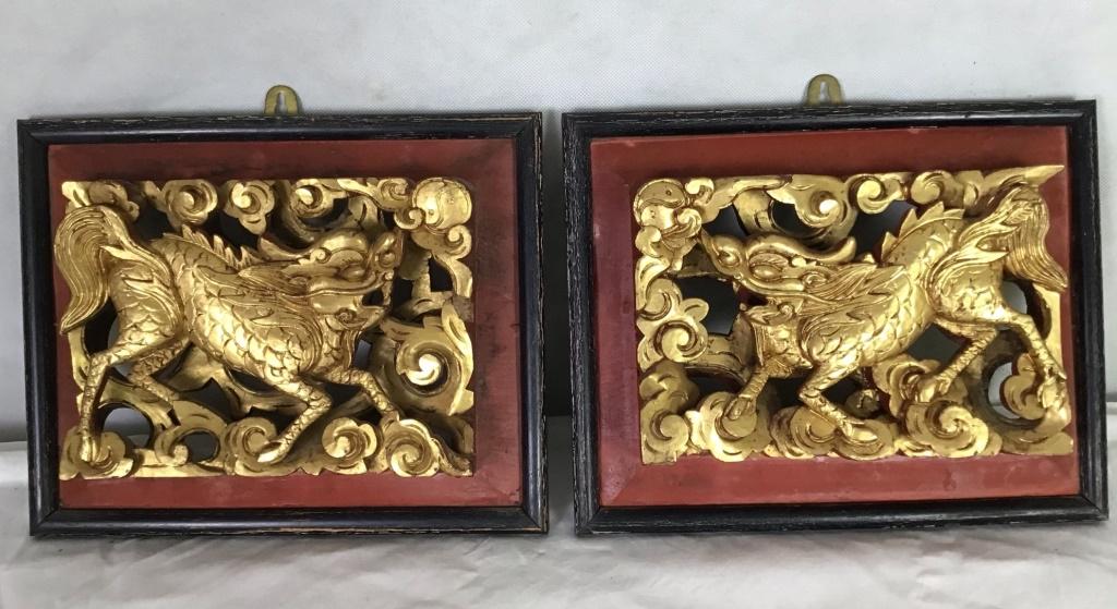 Chinese Carved Gold Gilt Foo Dogs 1800's (1 of 2)
