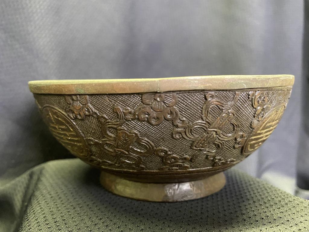 Antique Chinese Pewter & Carved Coconut Shell Bowl (1 of 6)