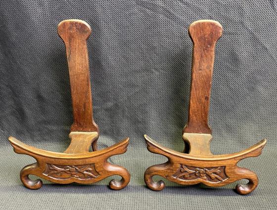 Asian Wood Plate Displays (2): Set of 2 wooden plate holders marked CHINA. 8.75h x 6.25w inches.