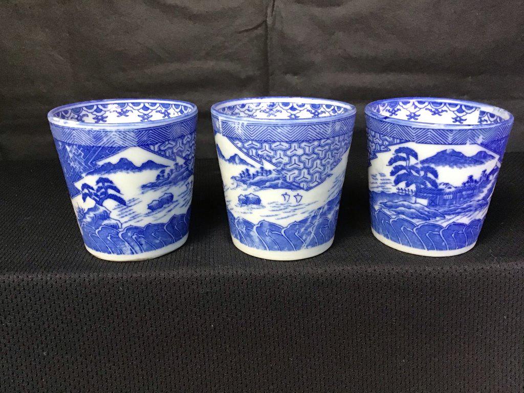 Japanese Blue & White Soba Cups (3): Set of 3h x 3w inches Marked: Made in Japan