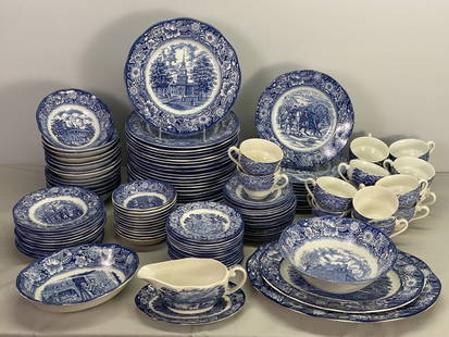 Liberty Blue Dinnerware Saffordshire, England: Original copper engravings of historic colonial scenes printed on Staffordshire ironstone. Some plates are yellowed. Made in England. 21 Dinner Plates - Independence Hall 9.75"d 11 Luncheon Plates - W