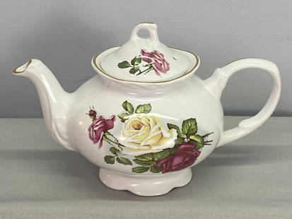 Staffordshire Teapot with Roses: Arthur Wood & Son, England. 5"h x 8"w. 1 lbs.