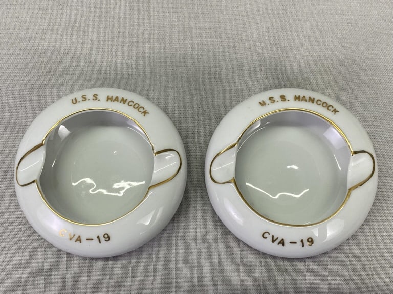 Navy Ash Trays USS Hancock, Pair: Made by International Merchandise Co. Limited, Japan. 3"d. 5.2 oz.