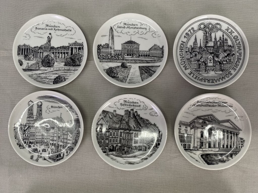 6 German Coasters of Munchen, Germany: In original box. 3 5.8"d each. Total weight 1 lb.