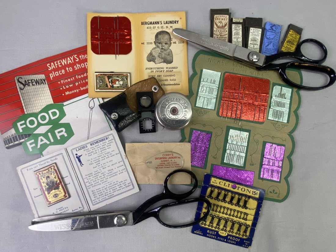 Needles, Sissors, Tape, Magnifier: Vintage & Antique needs and accessories for sewing.