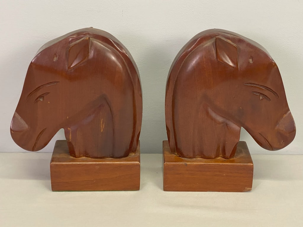 Wood Horse Head Bookends: Pair vintage 9.25"h x 7.25"d x 3"w.