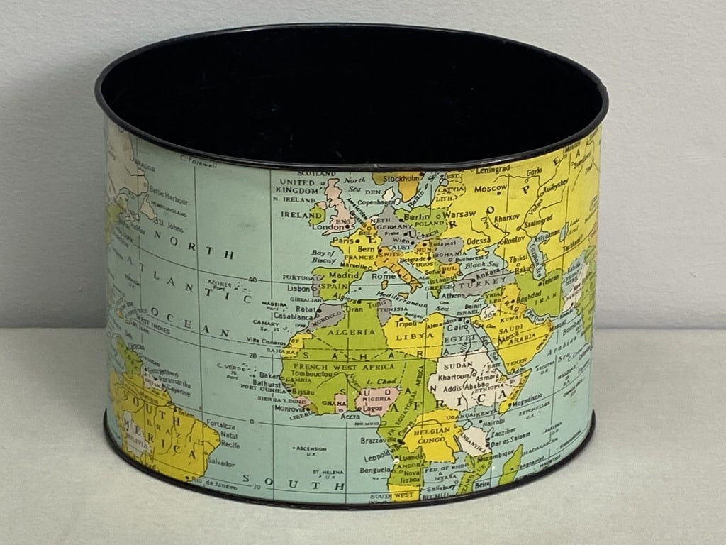Mid-Century Desk Caddy: Map of world with black interior, metal. 5.25"h x 6.25"w x 5"d. 7 oz.