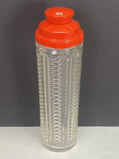 Vtg. Medco MCM Cocktail Shaker Jar: Medco 550 shaker glass. Lid has "dial-up" cocktail ingredients. 12"h x 3.5"w.