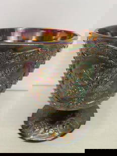 Fenton Amethyst Carnival Glass: Wild Strawberries pattern. 6.5"h x 5.75"w. Weighs 2 lbs. 10 oz.