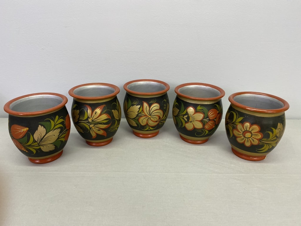 5 Wooden Khokhloma Cups: 3.75"h x 3.25"d. 11 oz.