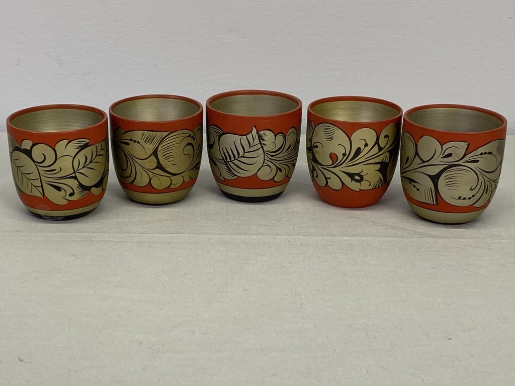 5 Khokhloma Shot Glasses: 2.25"h x 2.25"d. 5 oz.