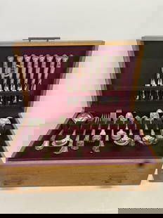Gorham Sterling Chantilly Service for 8 - 79 Pcs.: 8 of each: dinner knife, dinner fork, salad/desert fork, soup spoon, tablespoon, teaspoon, iced teaspoon and steak knife. Serving Pieces: 1 Meat Fork, 2 Serving Spoons, 2 Slotted Serving Spoons, 1 But