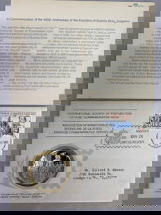 400th Anniv. Buenos Aires Argentina: 1980 Int'l Society of Postmasters Buenos Aires 400th Anniversary Silver Medal. October 24, 1980. Franklin Mint. 20 grams Sterling (.925) Silver. 1.7 oz total weight.