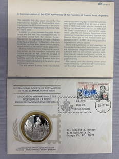 400th Anniv. Buenos Aires Argentina: 1980 Int'l Society of Postmasters Buenos Aires 400th Anniversary Silver Medal. October 24, 1980. Franklin Mint. 20 grams Sterling (.925) Silver. 1.7 oz total weight.