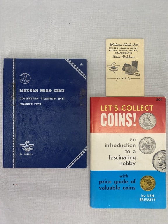 Coin Collection Items: Booklet, Coin Folder and Coin Folder Catalog. Collection only has 38 penny slots filled. 7.75"h x 5.75"w.