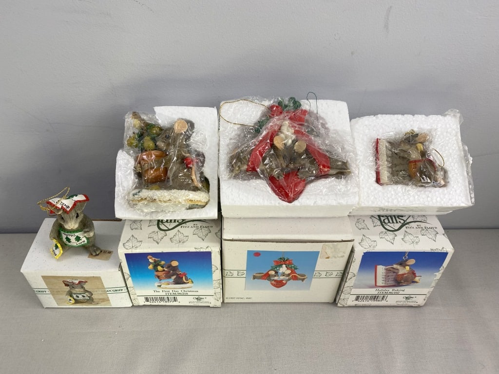 Charming Village Christmas Ornaments: Set of 4: Holiday Baking, Our First Christmas, The First Day of Christmas, Christmas Stamps. 7.5"h x 8"d x 4.75"w. 1 lb. 4 oz.