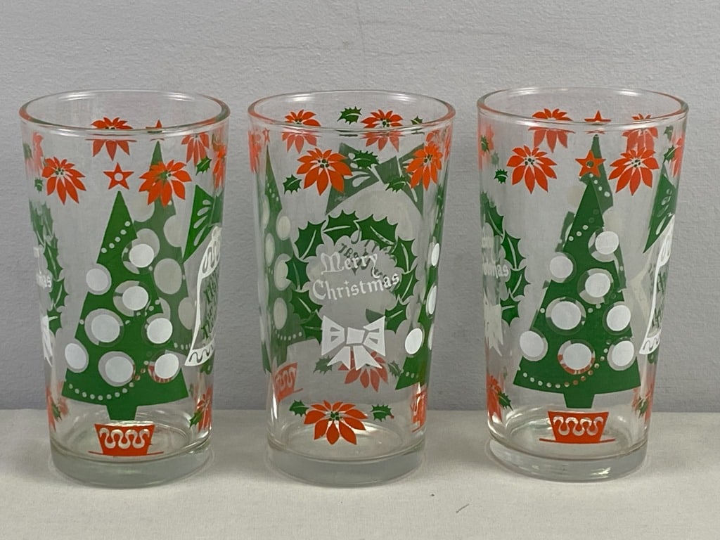 1960's Three Holiday Tumblers: Hazel Atlas. 5"h each. Total weight 1 lb 8 oz.