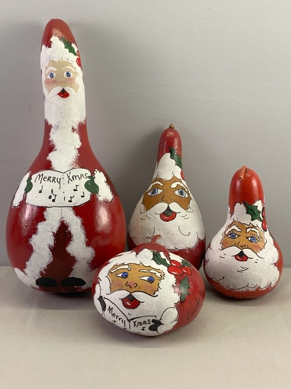 Hand Painted Gourd Santa's (4): 5"h - 17"h, 4"d, 4.5"d, 5"d & 7"d. 1 lb. 7 oz.