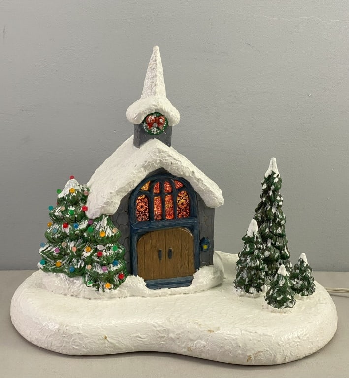 Ceramic Church & Trees with Interior Light (1 of 6)