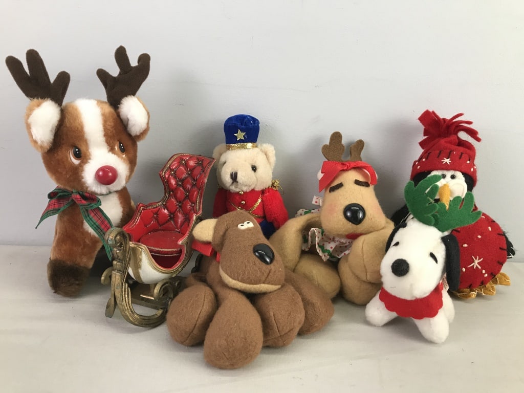 Plush Christmas Toys & Chair Style Sleigh: Hallmark Rodney & Rhonda Moose, Teddy Bear, Penguin and Sleigh. 1 lb 2 oz.
